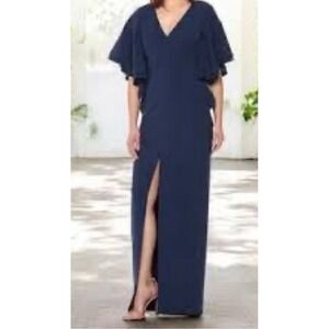 Halston Heritage Navy Flutter Sleeve Evening Maxi Dress 6 Formal Wedding Party